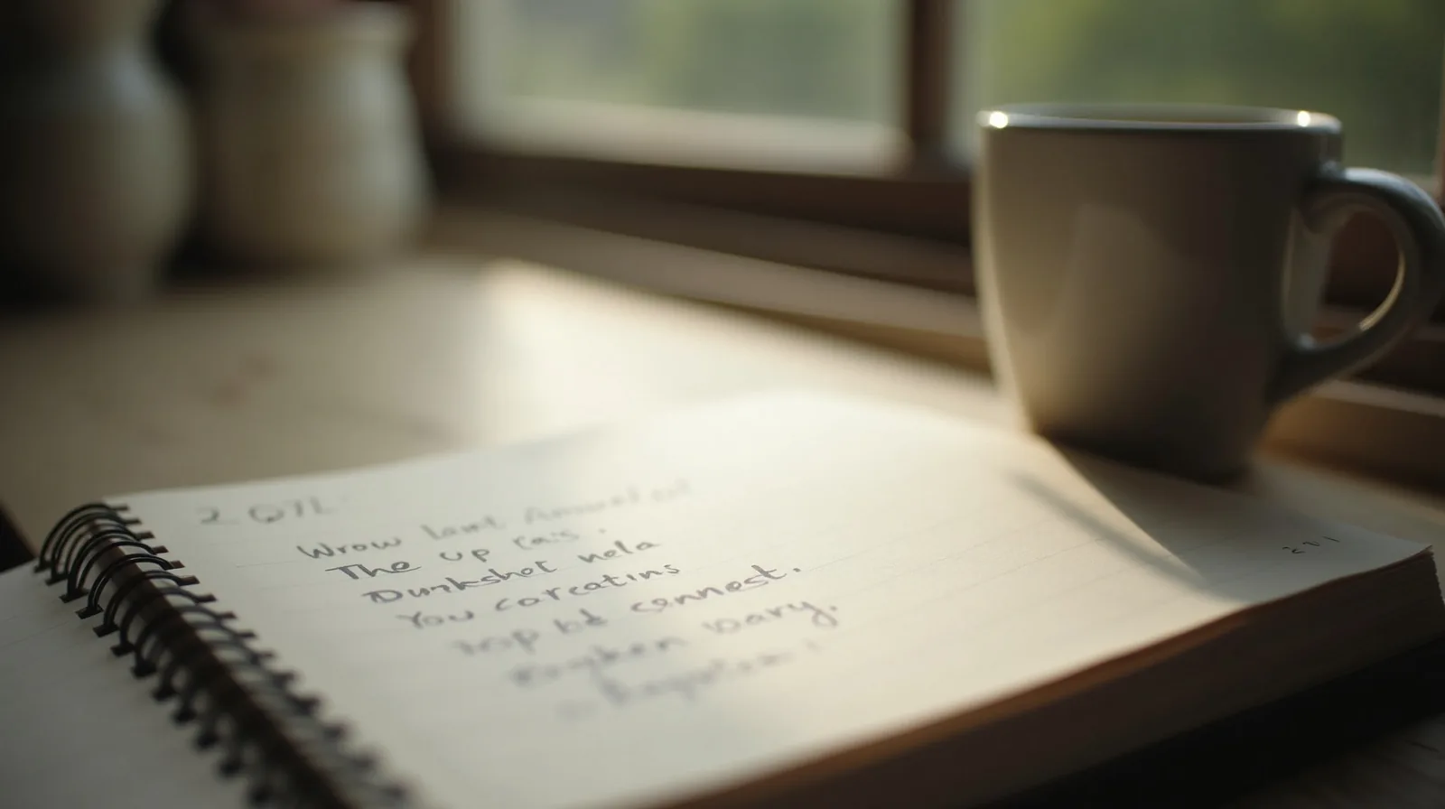 A close-up of a handwritten wish list in a small notebook on a windowsill