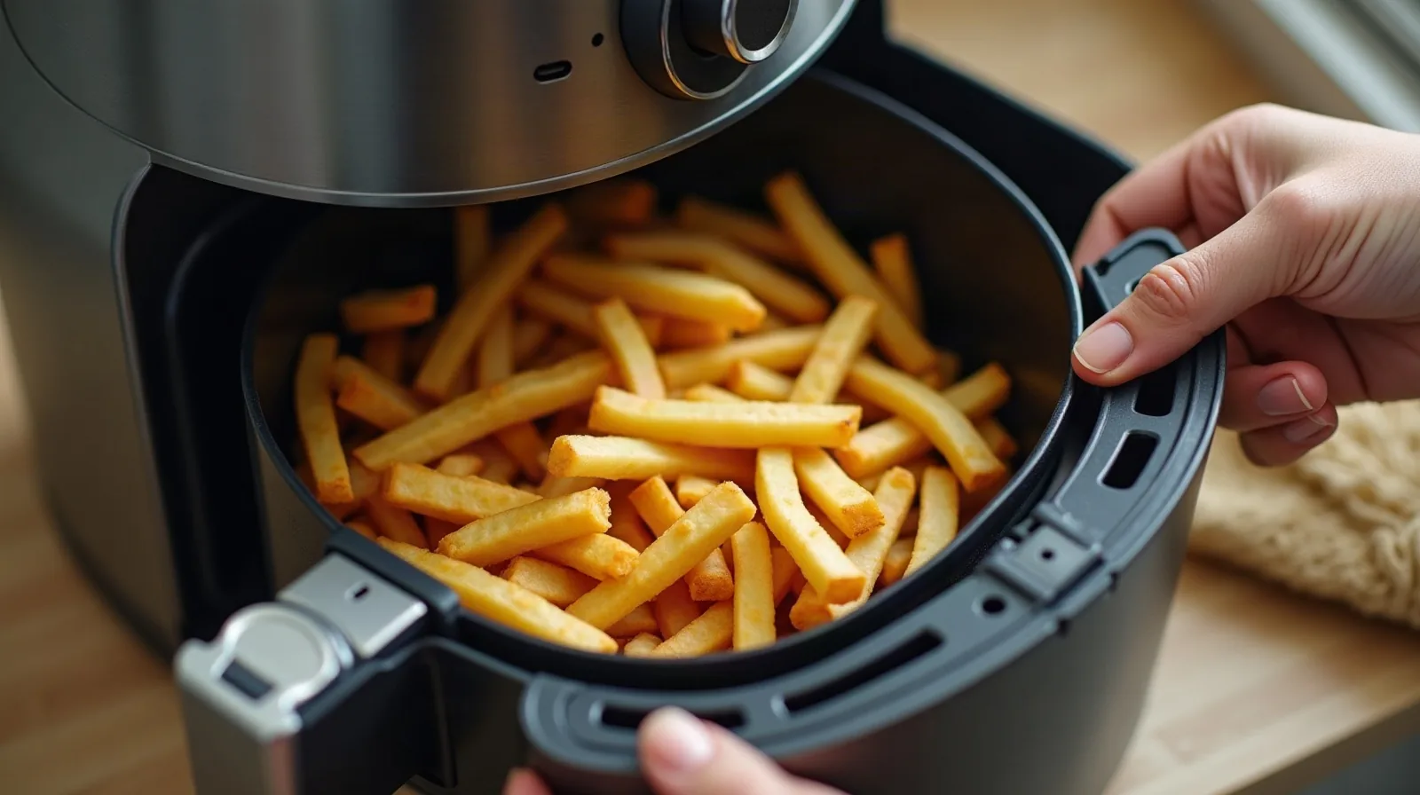 A person in profile at a sunlit kitchen counter, pulling out the basket of a countertop air fryer to shake a batch of golden roasted vegetable wedges, steam rising, a folded oven mitt resting on the counter beside it