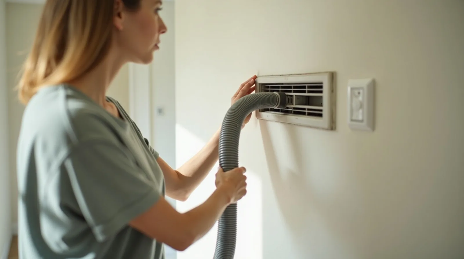 A person in profile using a vacuum hose to clean a dusty wall return-air vent grille with the cover removed and leaning nearby