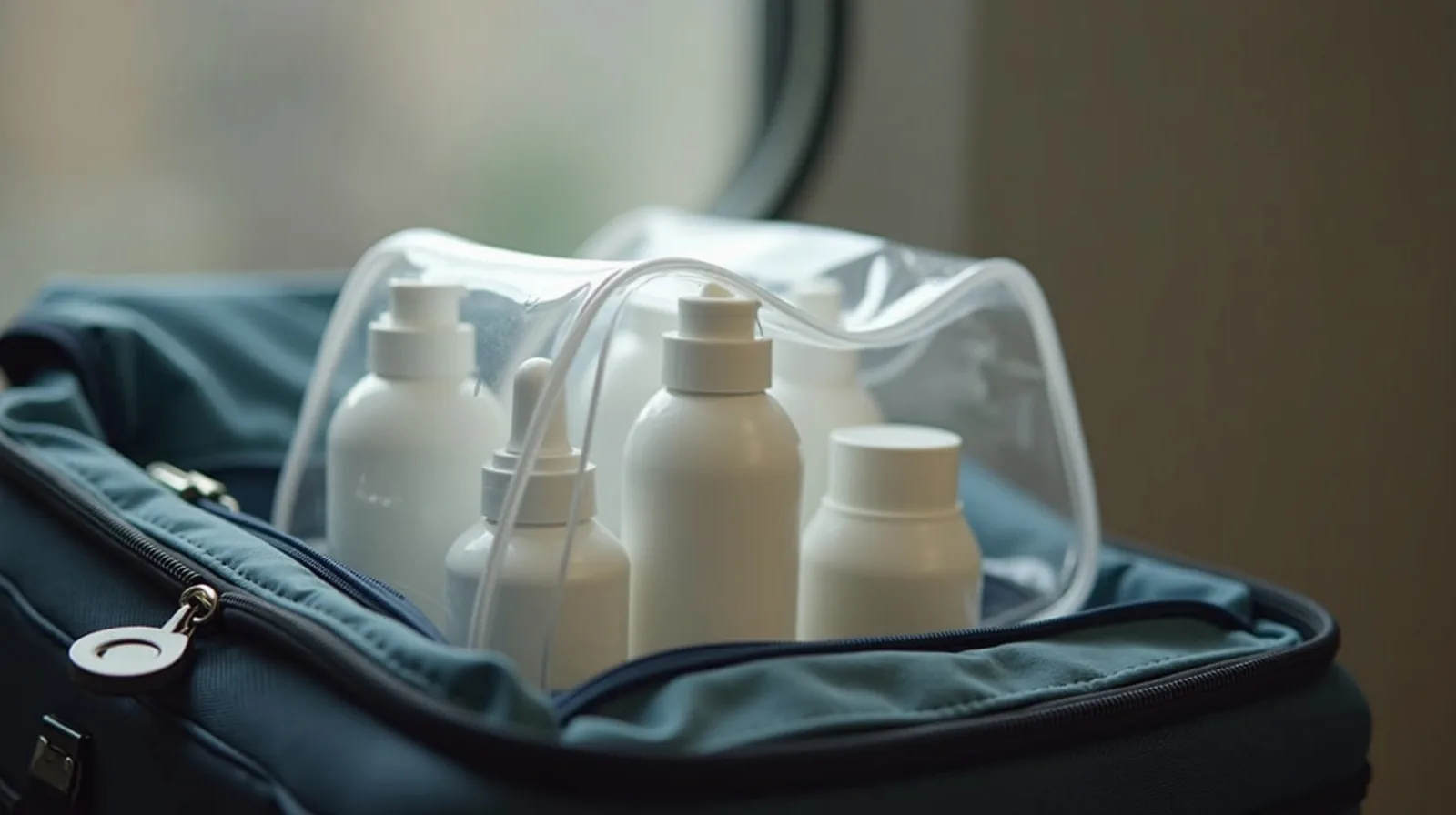 A close-up of a clear quart bag of travel-size toiletries on top of an open carry-on