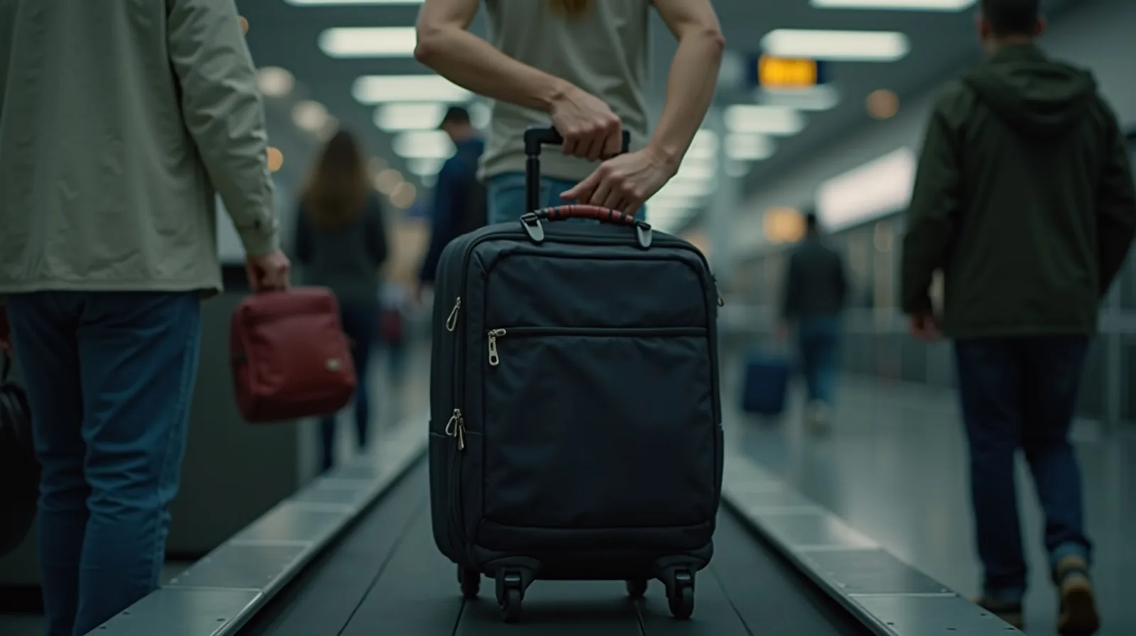 Hands placing a carry-on bag and a bin onto the airport security belt