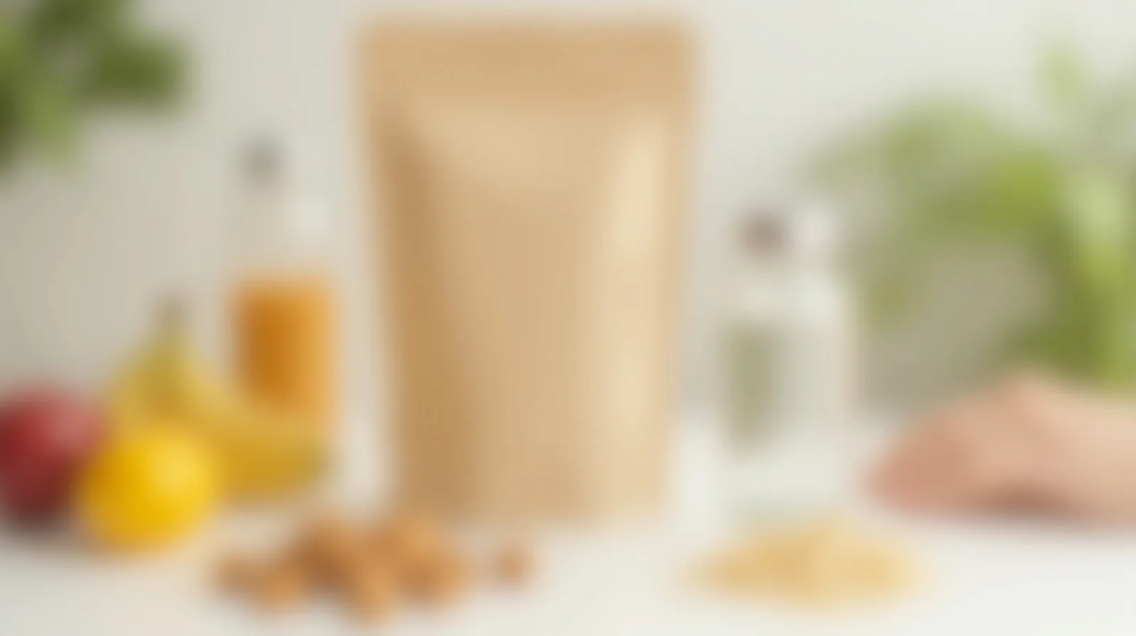 A close-up of a reusable snack pouch, an empty refillable water bottle, and loose fruit and nuts on a table