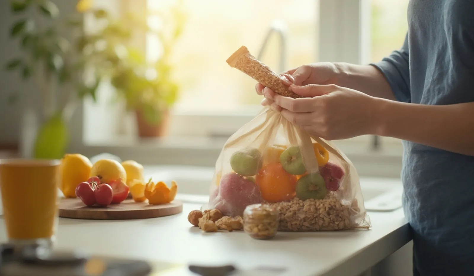 A hand packing a reusable snack bag with fruit, nuts, and a granola bar into a travel bag on a kitchen counter
