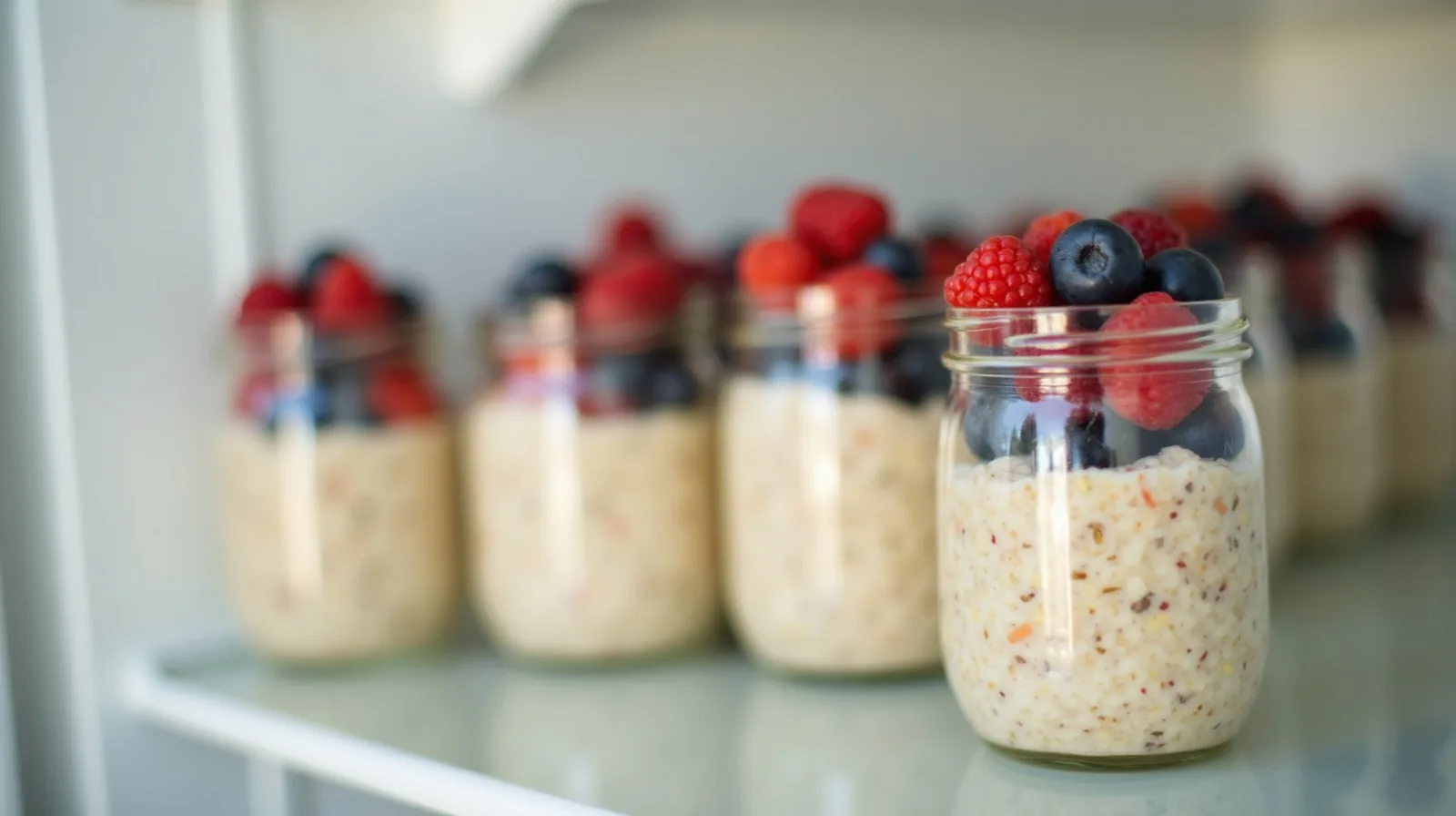 A close-up of a row of glass jars of overnight oats topped with berries lined up on a bright fridge shelf