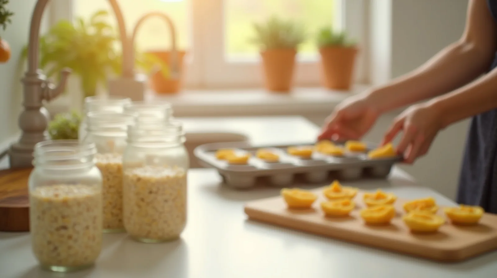 A bright kitchen counter lined with jars of overnight oats and a muffin tin of baked egg cups being filled