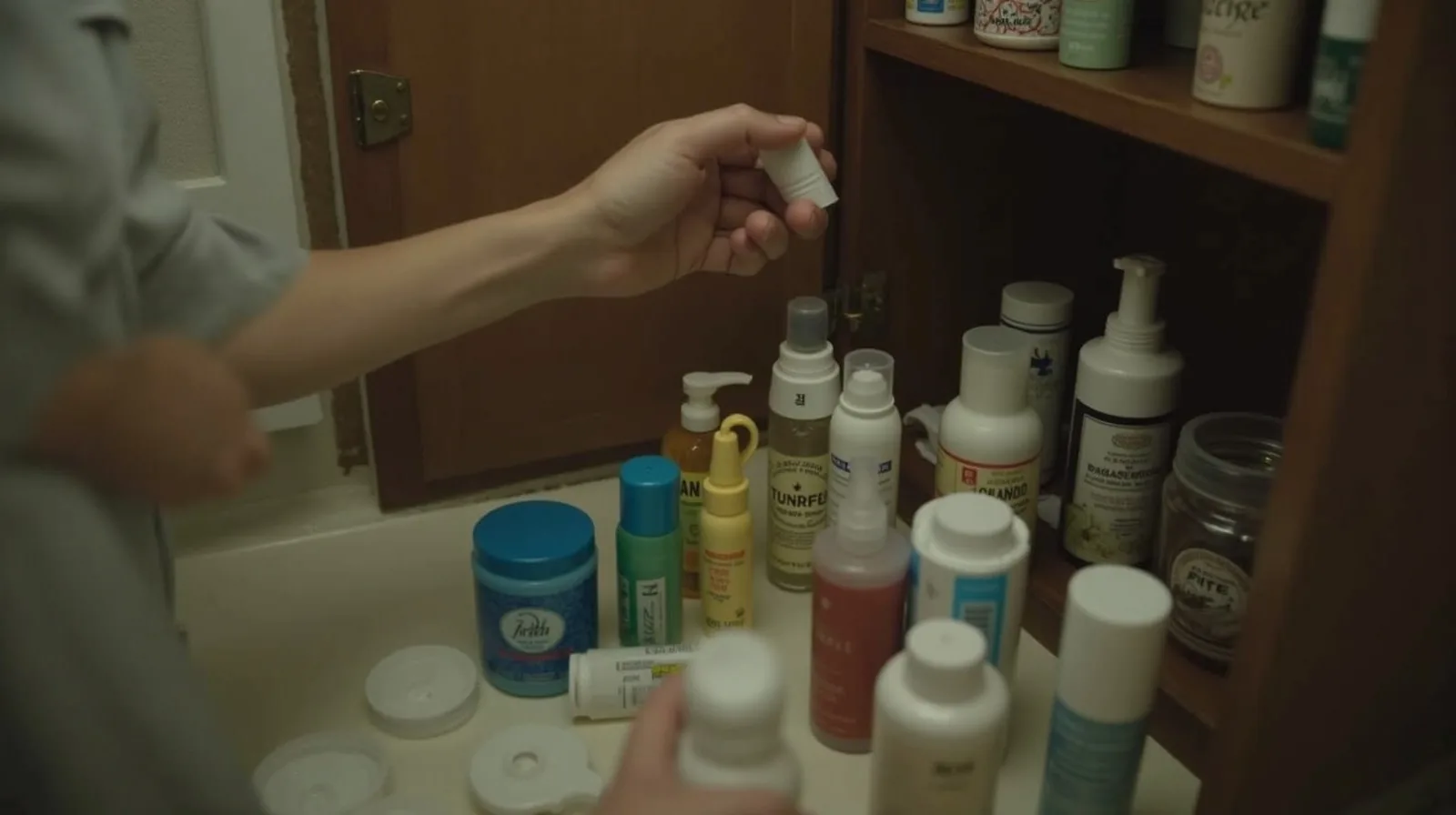 A hand clearing bottles and products from a bathroom cabinet shelf onto the counter to sort