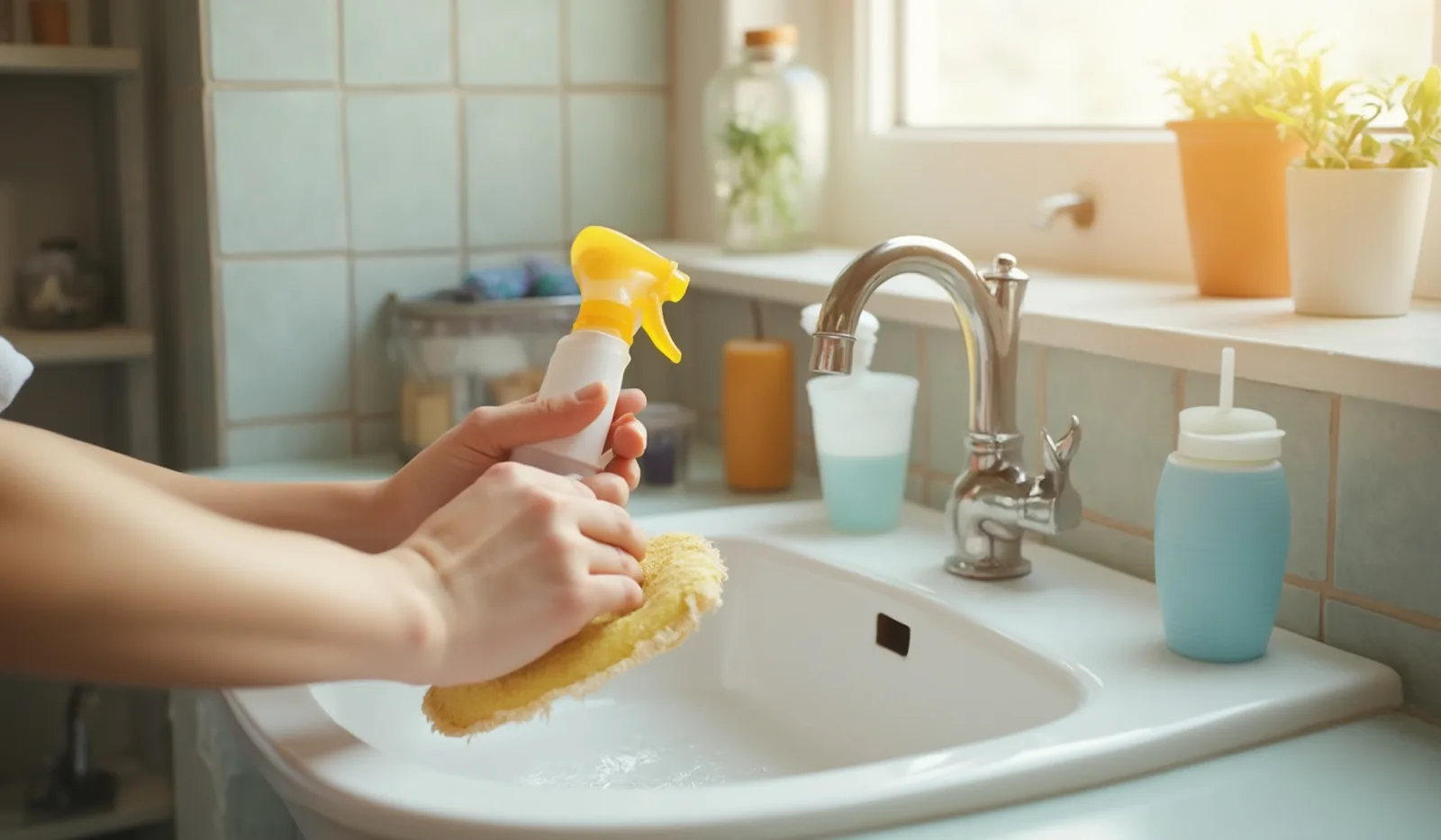 A quick candid photo of a hand wiping down a bright bathroom sink and counter fast with a cloth and spray bottle