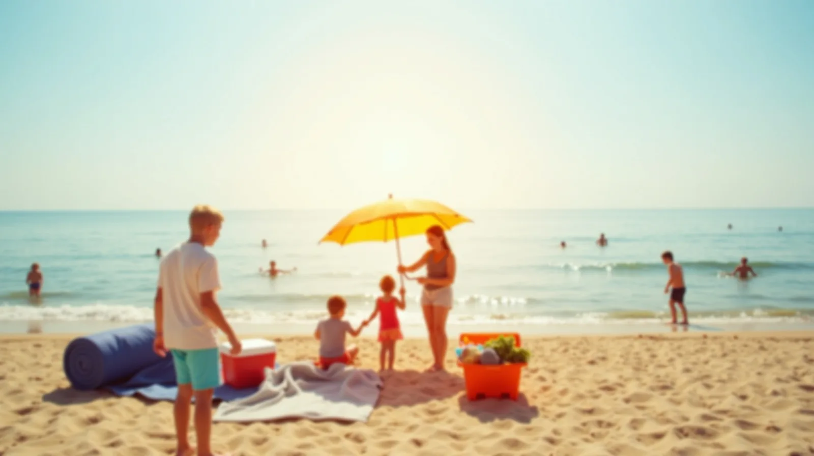 A family seen from behind setting up an umbrella and a cooler on a sunny beach with a mat and a tote of gear beside them