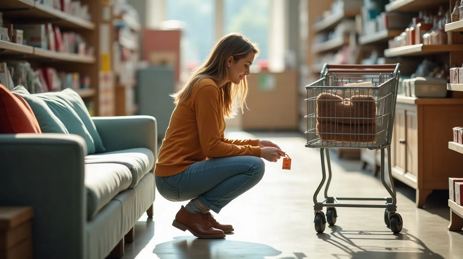 A person crouched in profile beside a marked-down floor-model patio sofa in a sunlit home-goods store aisle, flipping over a discount tag clipped to the armrest, an empty shopping cart parked nearby