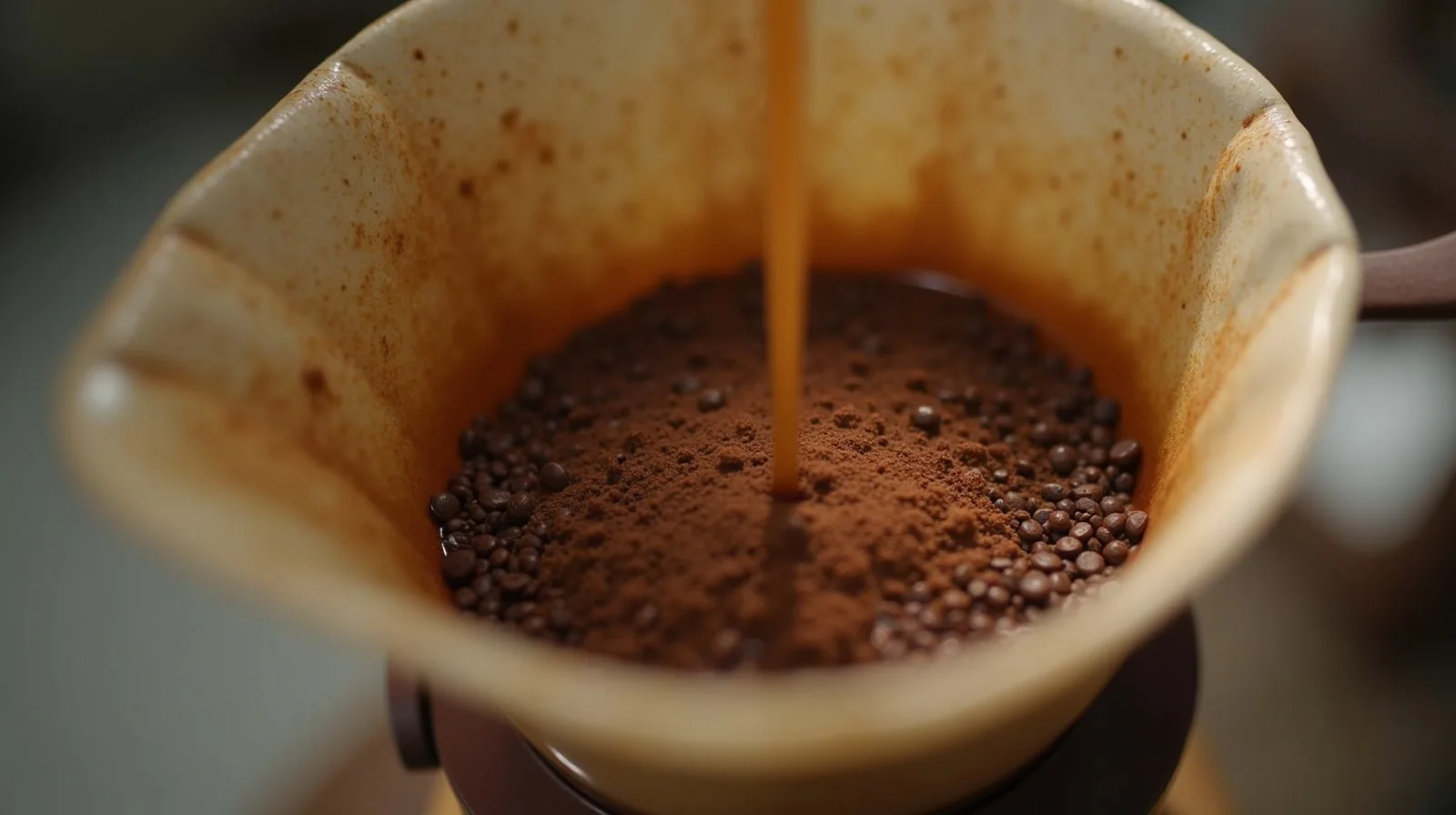 A close-up of fresh coffee grounds blooming with bubbles as hot water hits them
