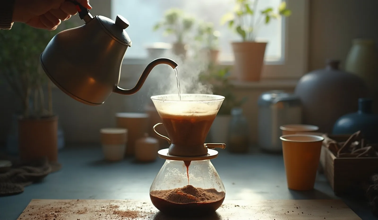 A candid photo of hot water being poured over coffee grounds in a simple home brewer