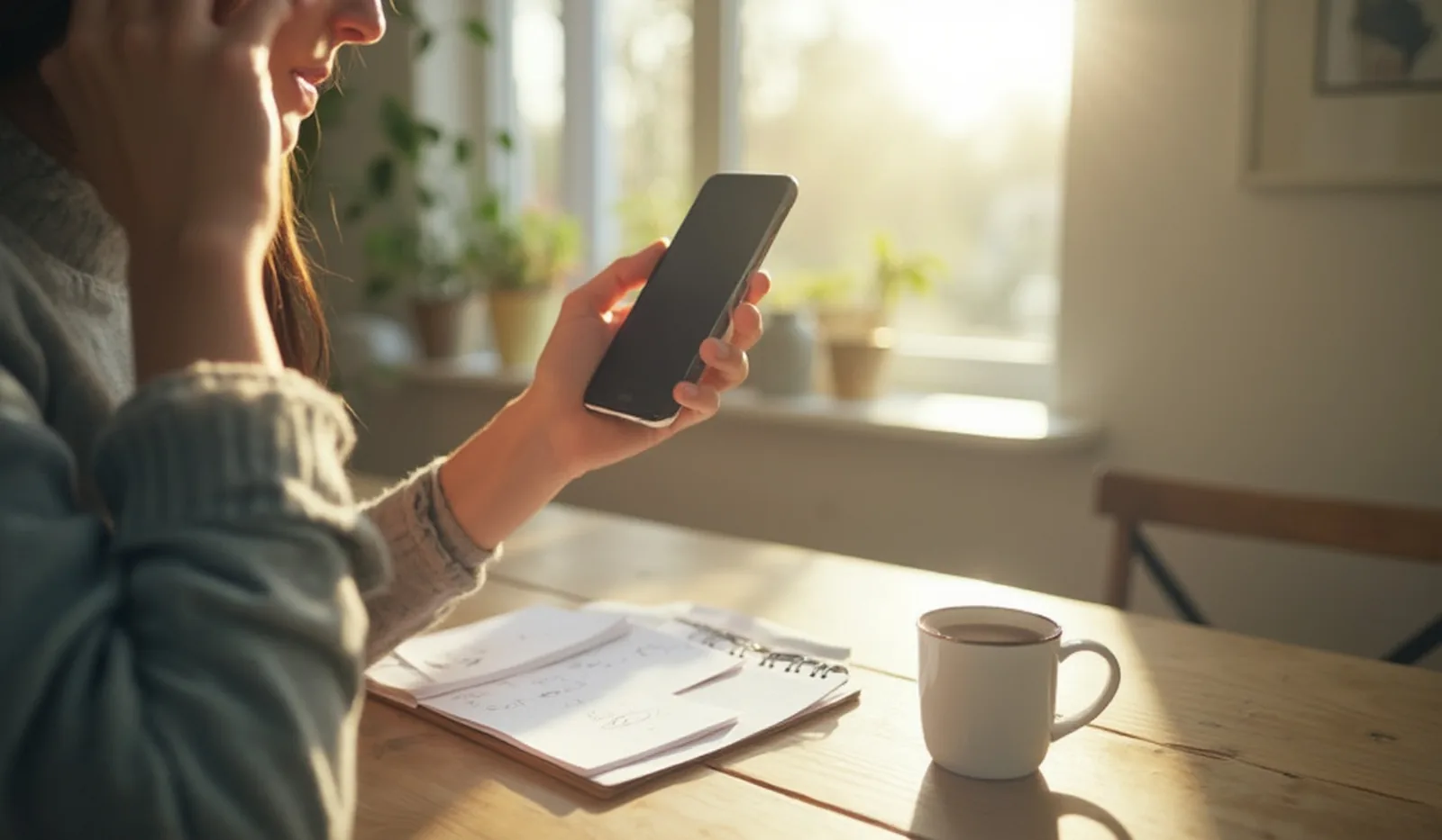 A person in profile at a sunlit dining table, phone held to their ear mid-call, a paper bill and a notepad with circled numbers spread out in front of them