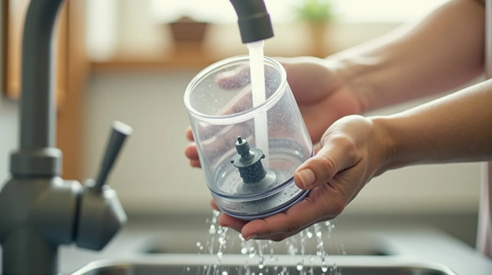 A close-up of a disassembled blender jar and blade base being rinsed under a bright kitchen tap