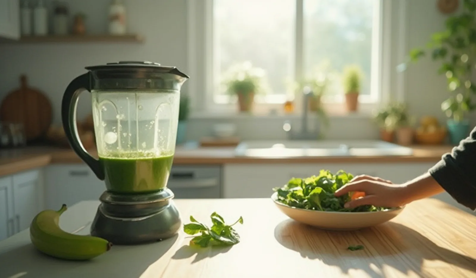 A candid phone snapshot of a countertop blender half full of green smoothie next to fresh spinach and a banana on a bright kitchen counter