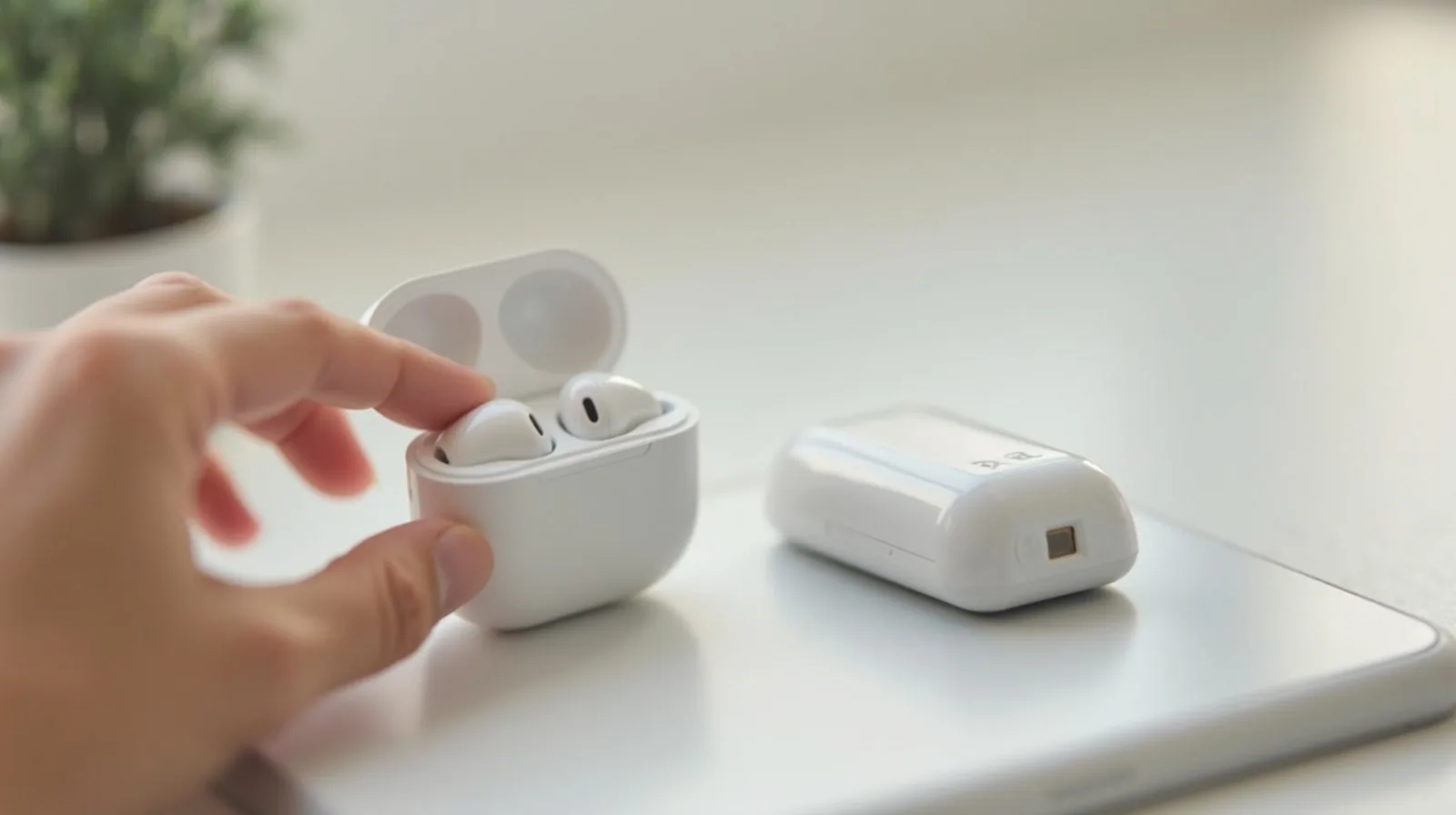 A hand holding an open wireless-earbud charging case beside a phone showing a plain pairing animation dot