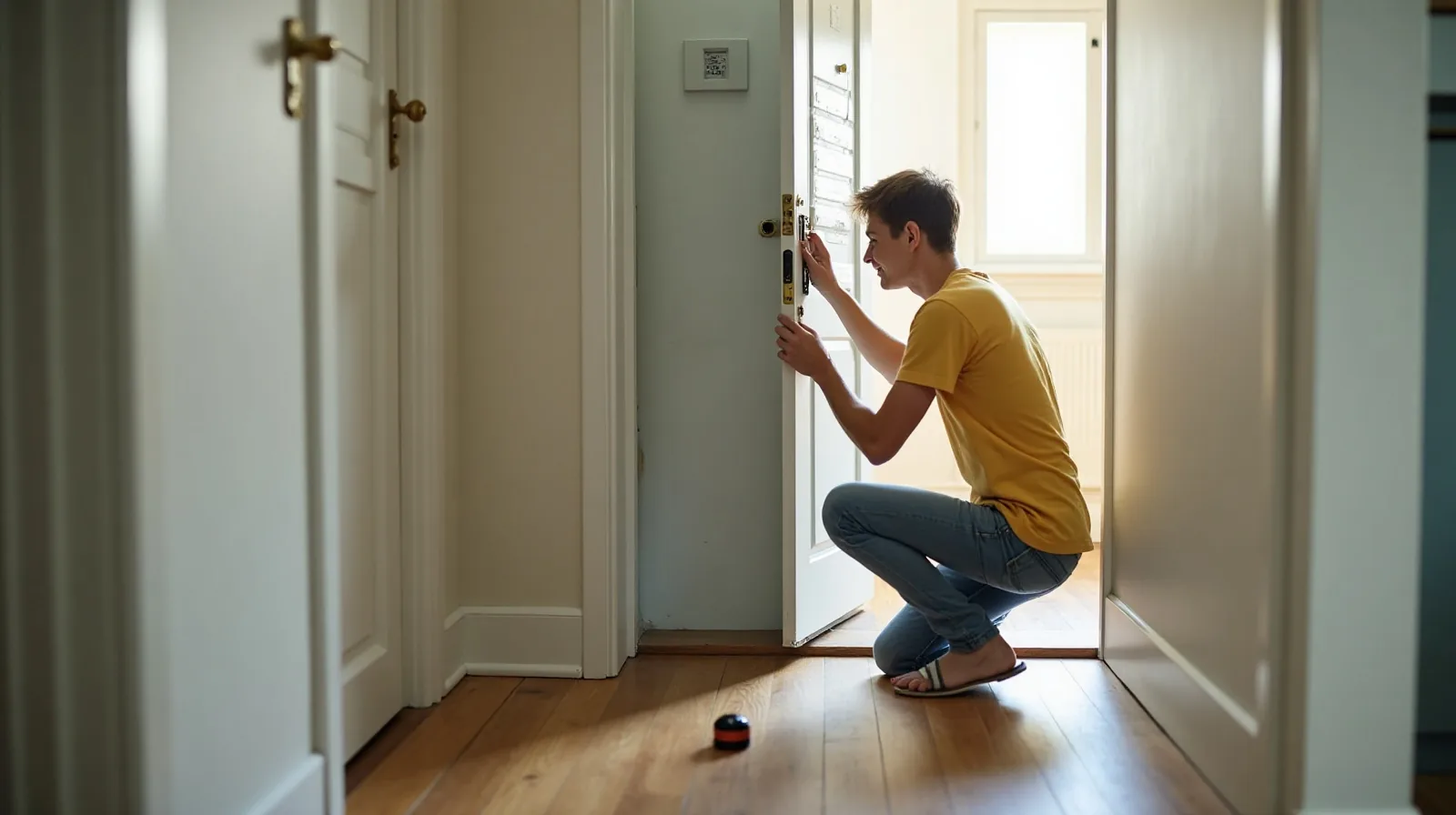 A person kneeling in a sunlit utility hallway, opening the door of a home circuit breaker panel and checking the labeled switches inside