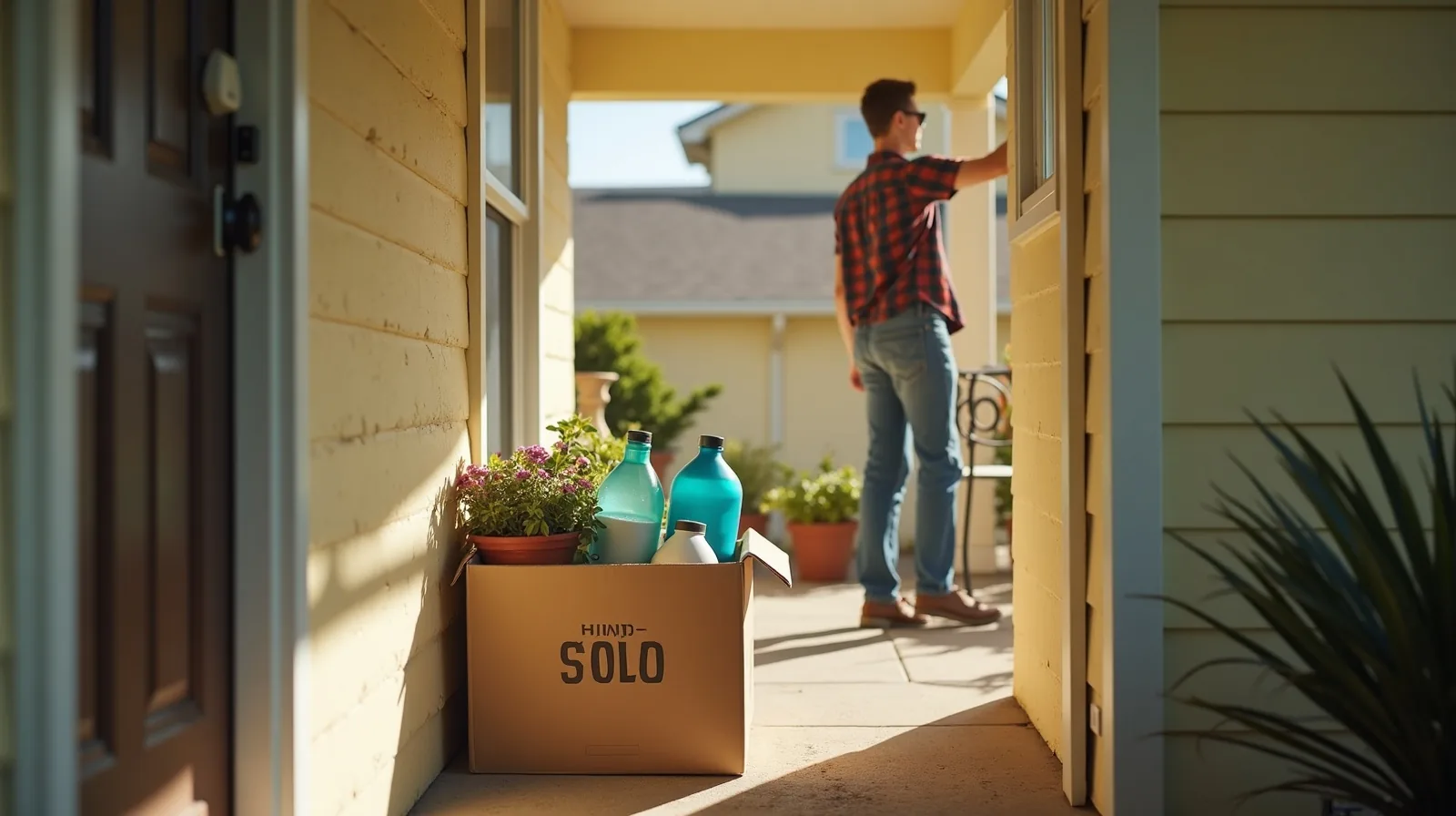 A bright front porch with a box of giveaway items and a potted plant, a neighbor in profile picking it up