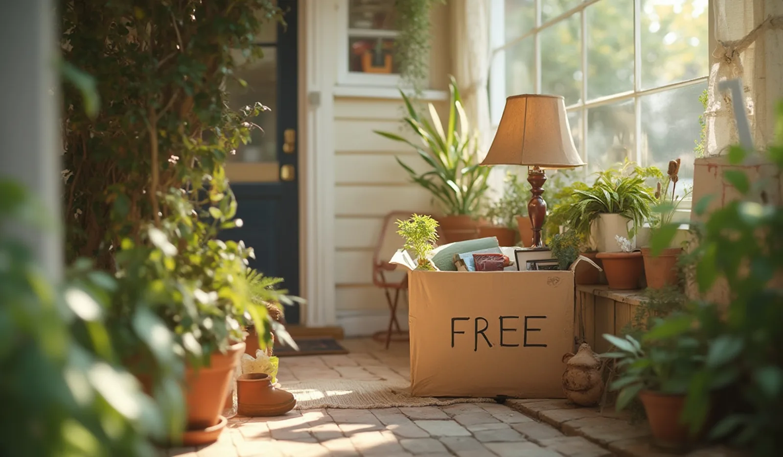 A small box of free household items left on a bright front porch step, a hand setting it down