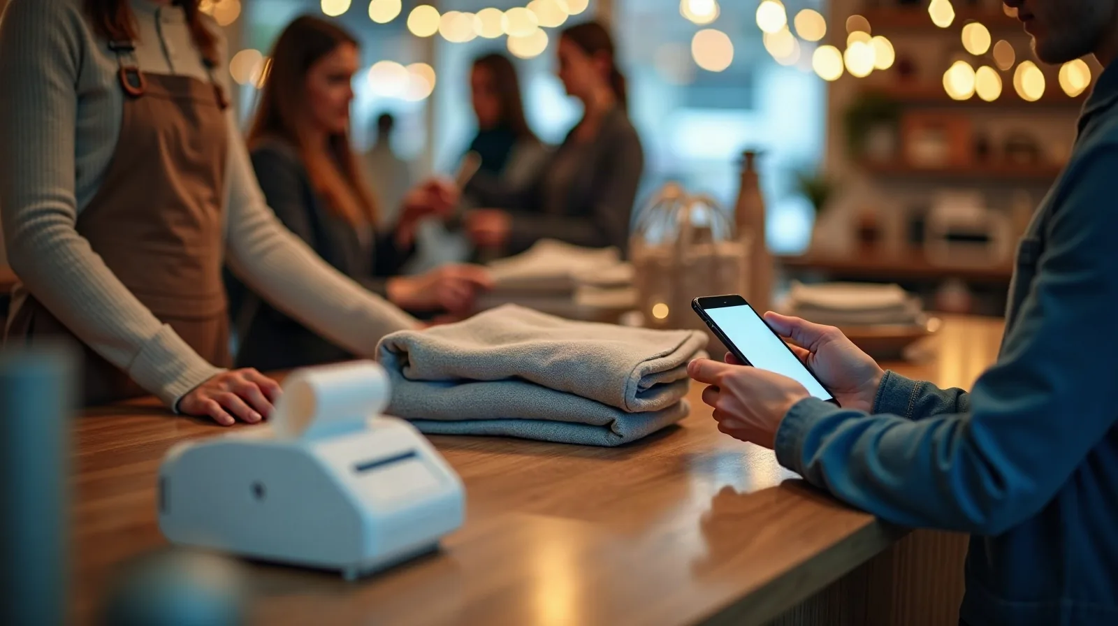 A shopper at a small boutique checkout counter tapping a phone against a card reader to pay, a cashier wrapping a folded sweater in tissue paper, a blank receipt curling out of a printer turned away from view
