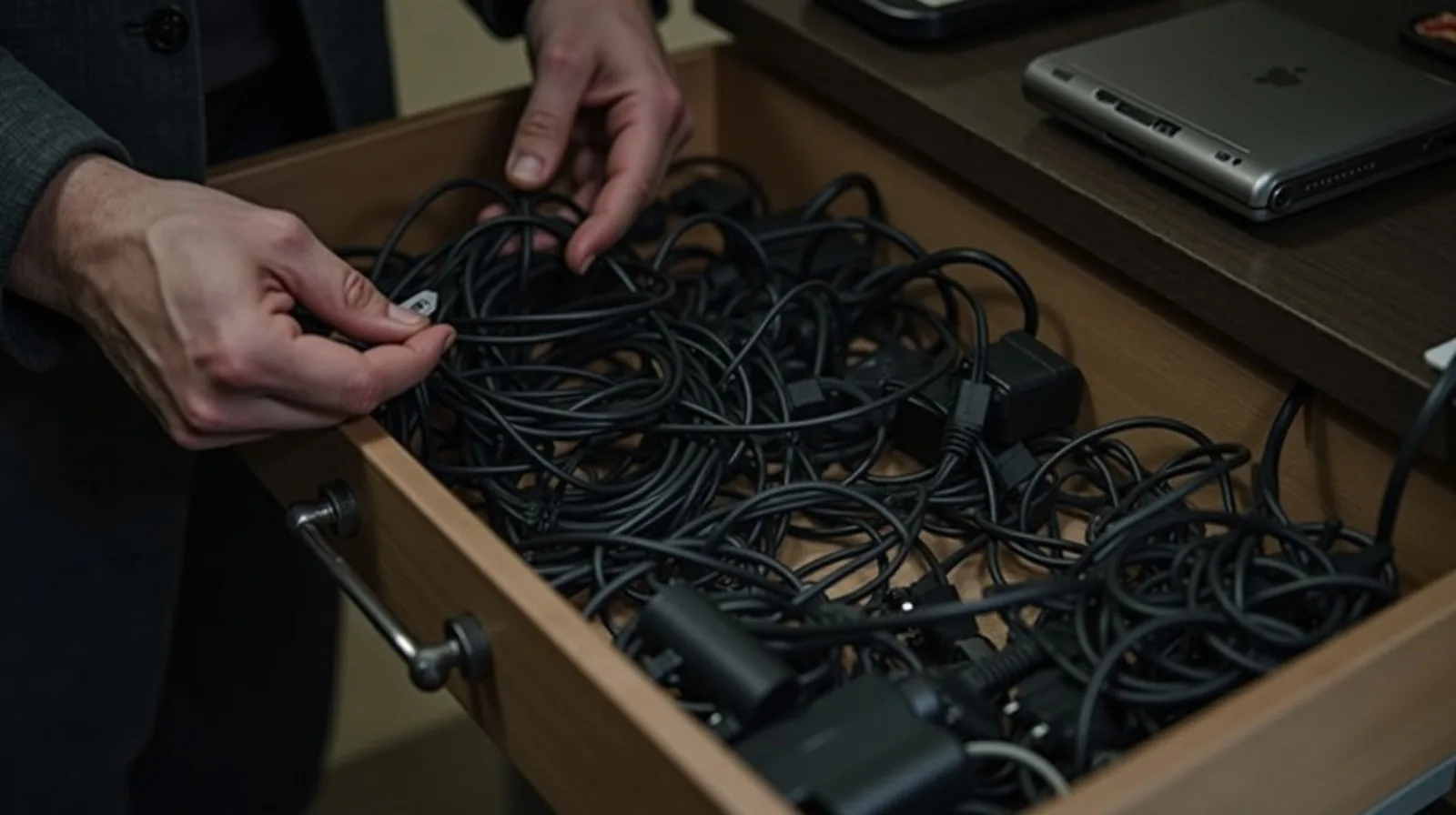 A drawer of tangled charging cables being sorted by hand, some coiled with ties