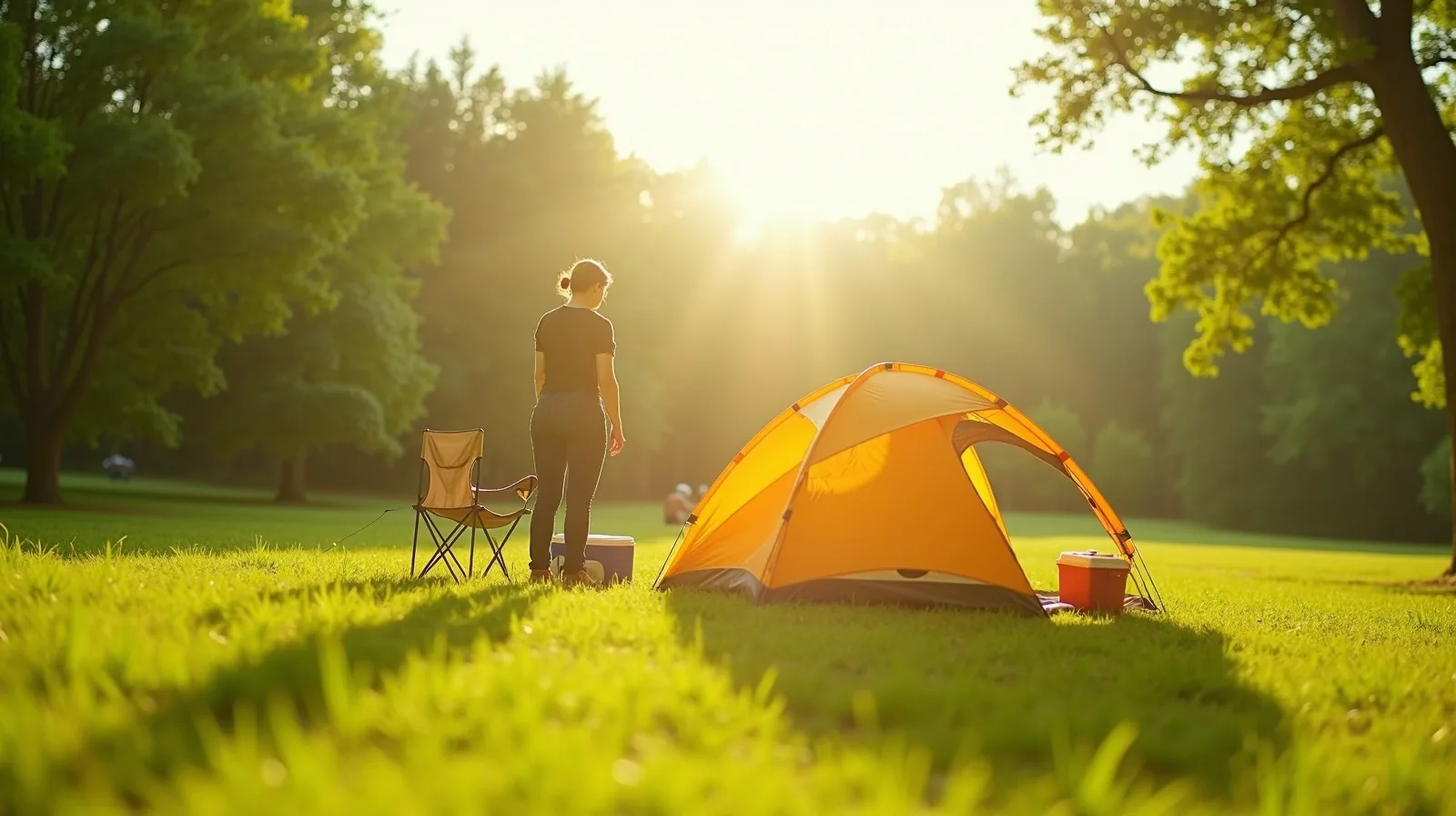 A person seen from behind pitching a dome tent in a sunny grassy clearing with a folding chair and cooler nearby