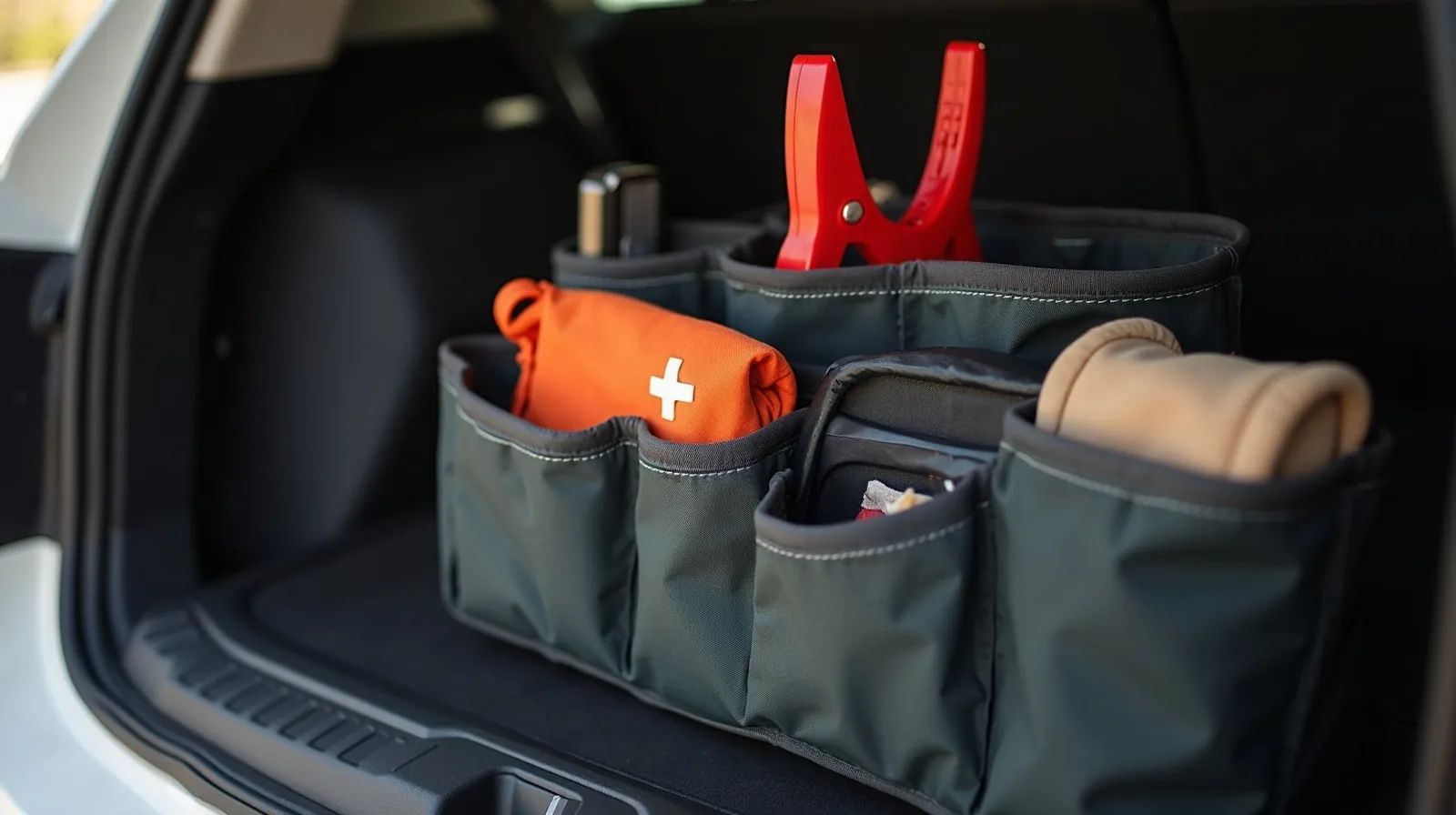 A close-up of a collapsible car-trunk organizer caddy holding jumper cables, a small first-aid pouch, and folded reusable bags