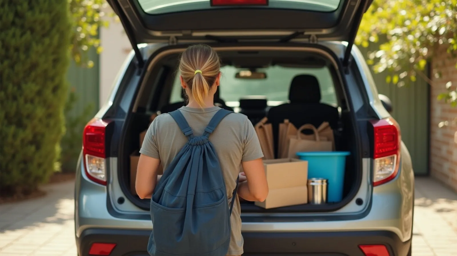 A person seen from behind organizes the open trunk of a car in a bright driveway, with a trunk organizer holding reusable bags and a small bin