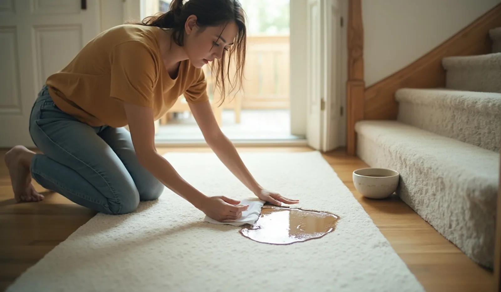 A person kneeling to blot a fresh coffee spill on a light carpet runner with a white cloth