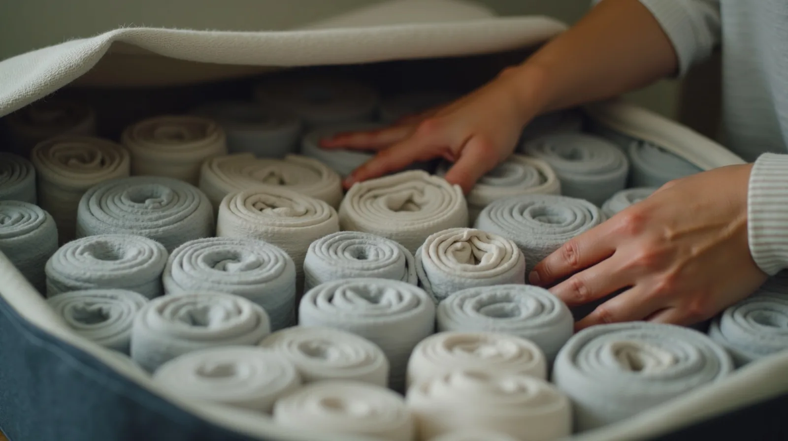 A close-up of tightly rolled clothes lined up inside an open packing cube