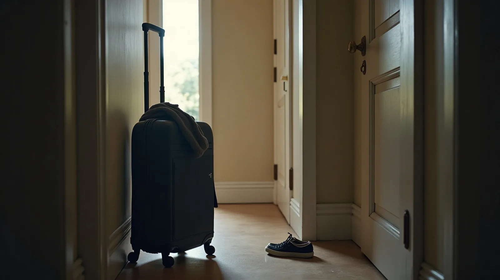 A neatly packed carry-on standing upright by a front door with a jacket over the handle, ready to go