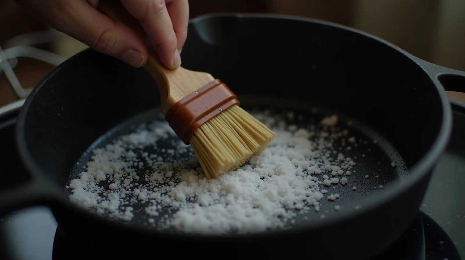 A close-up of a cast-iron skillet being scrubbed with a brush and coarse salt