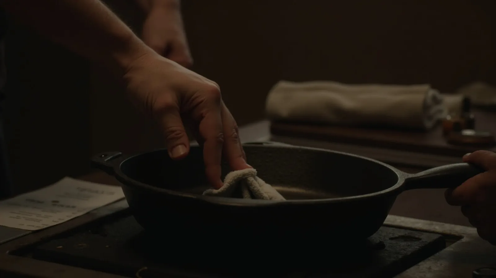 Hands rubbing a thin coat of oil into a cast-iron skillet on a stovetop with a cloth