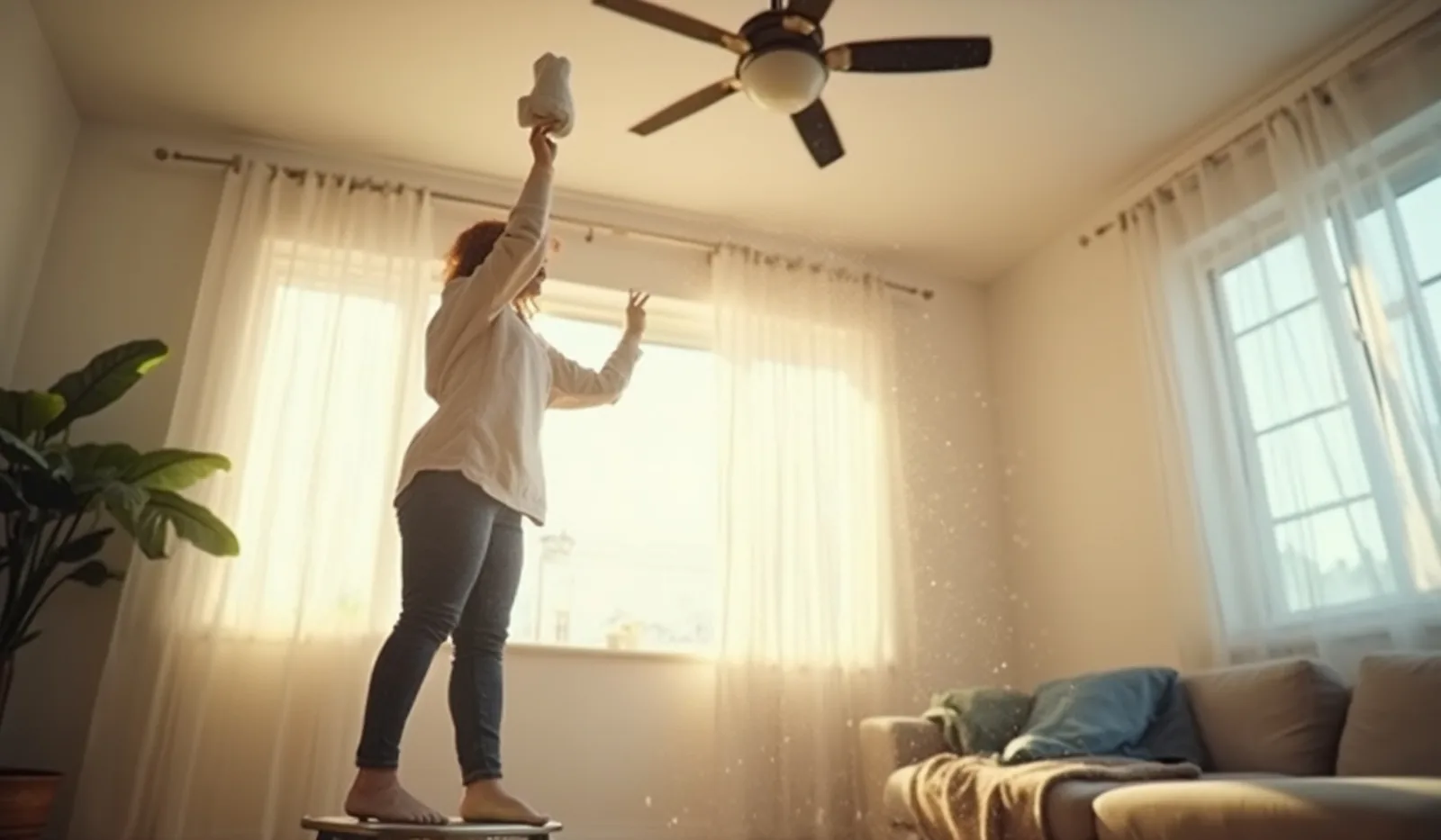 A person on a step stool wiping a dusty ceiling fan blade with a microfiber cloth in a sunlit living room