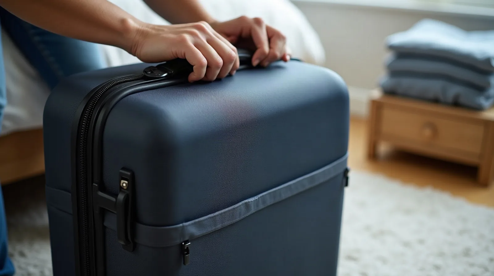 A close-up of a hand resting on the extended handle of a dark hardside suitcase, zippers visible along the top and side seams, a stack of folded clothes and a wooden nightstand softly blurred in the background