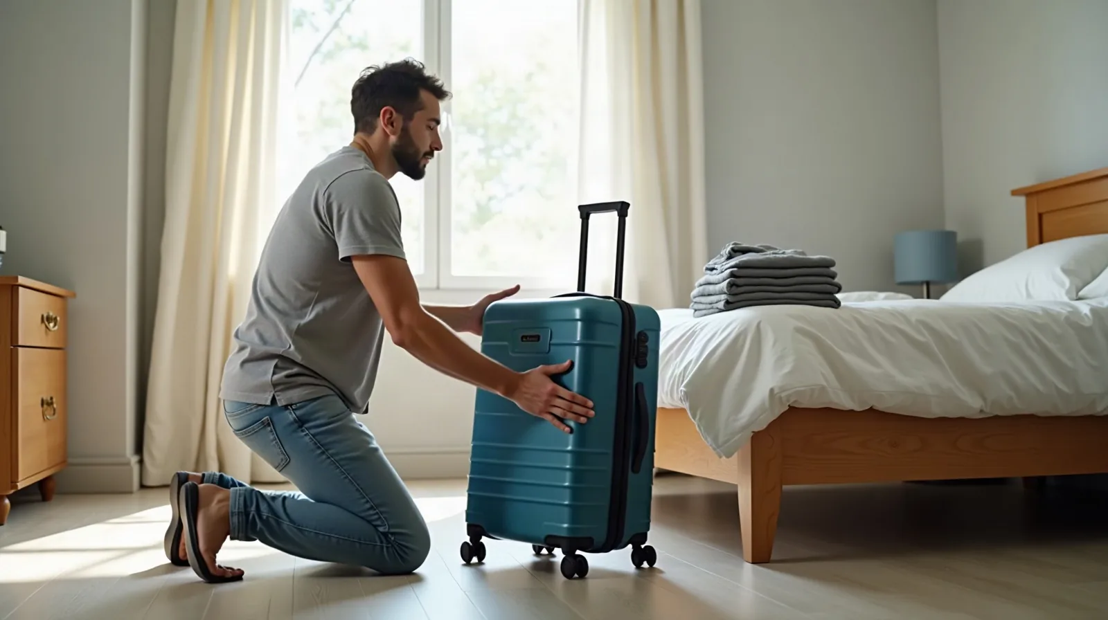A traveler kneeling in a sunlit bedroom, both hands resting on the extended handle of a hardside suitcase with its spinner wheels on the floor, a stack of folded clothes on the bed and a wooden nightstand softly visible behind them