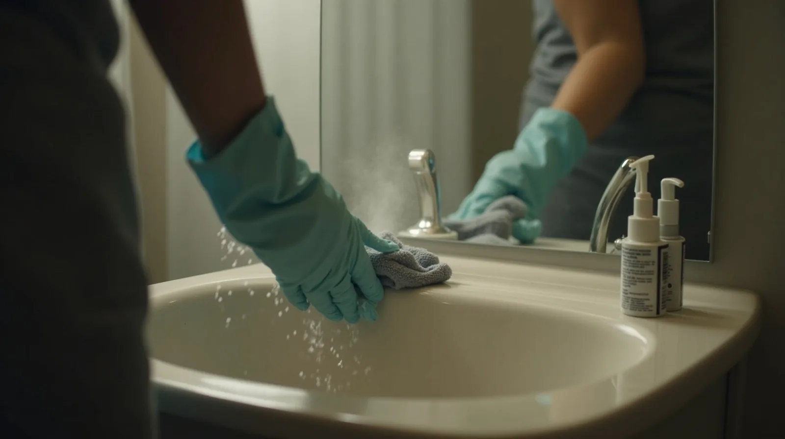 A steamy bathroom mirror wiped clean in one streak with a cloth, seen from the side