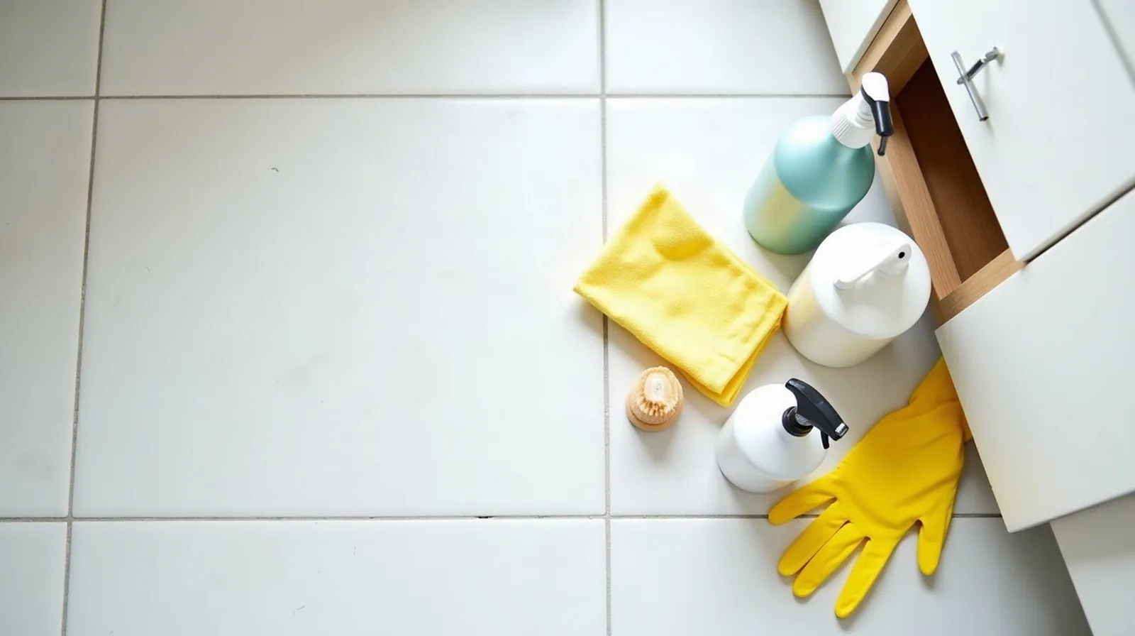 A person kneeling at an open cabinet under a bathroom sink, cropped from the shoulders down, holding a spray bottle in each hand and turning one to read the small print on its back label, morning light through a small window, a folded rag draped over the edge of the sink