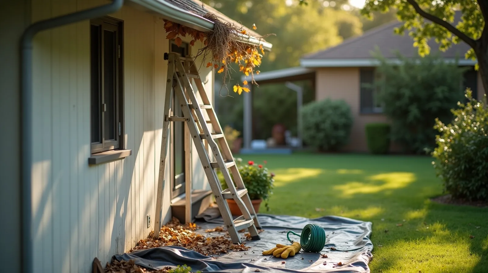 A stepladder against the side of a house beneath a gutter clogged with wet leaves, a scoop and work gloves resting on a tarp on the grass below
