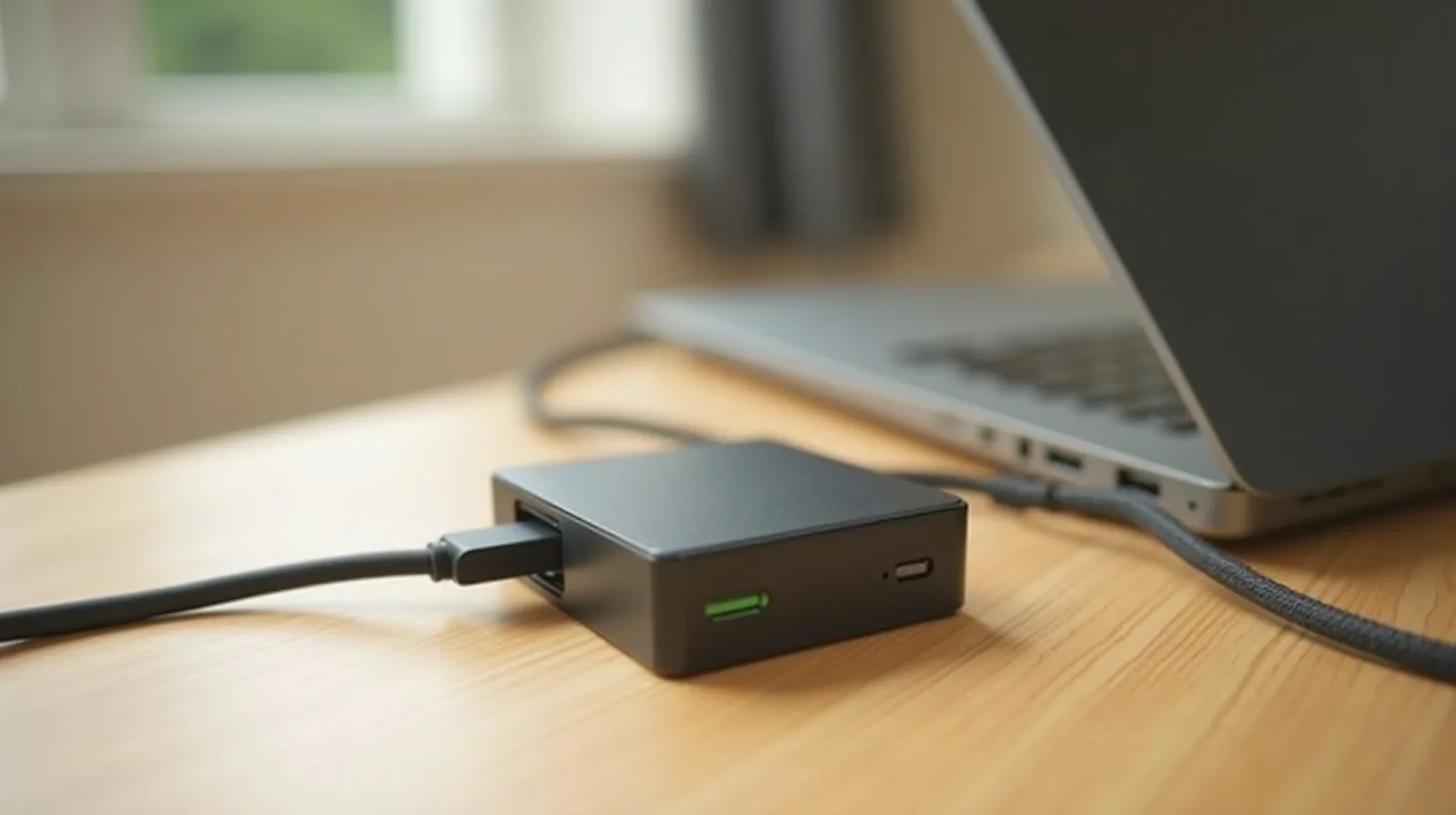 A small external hard drive and a USB cable on a bright wooden desk beside the corner of a laptop