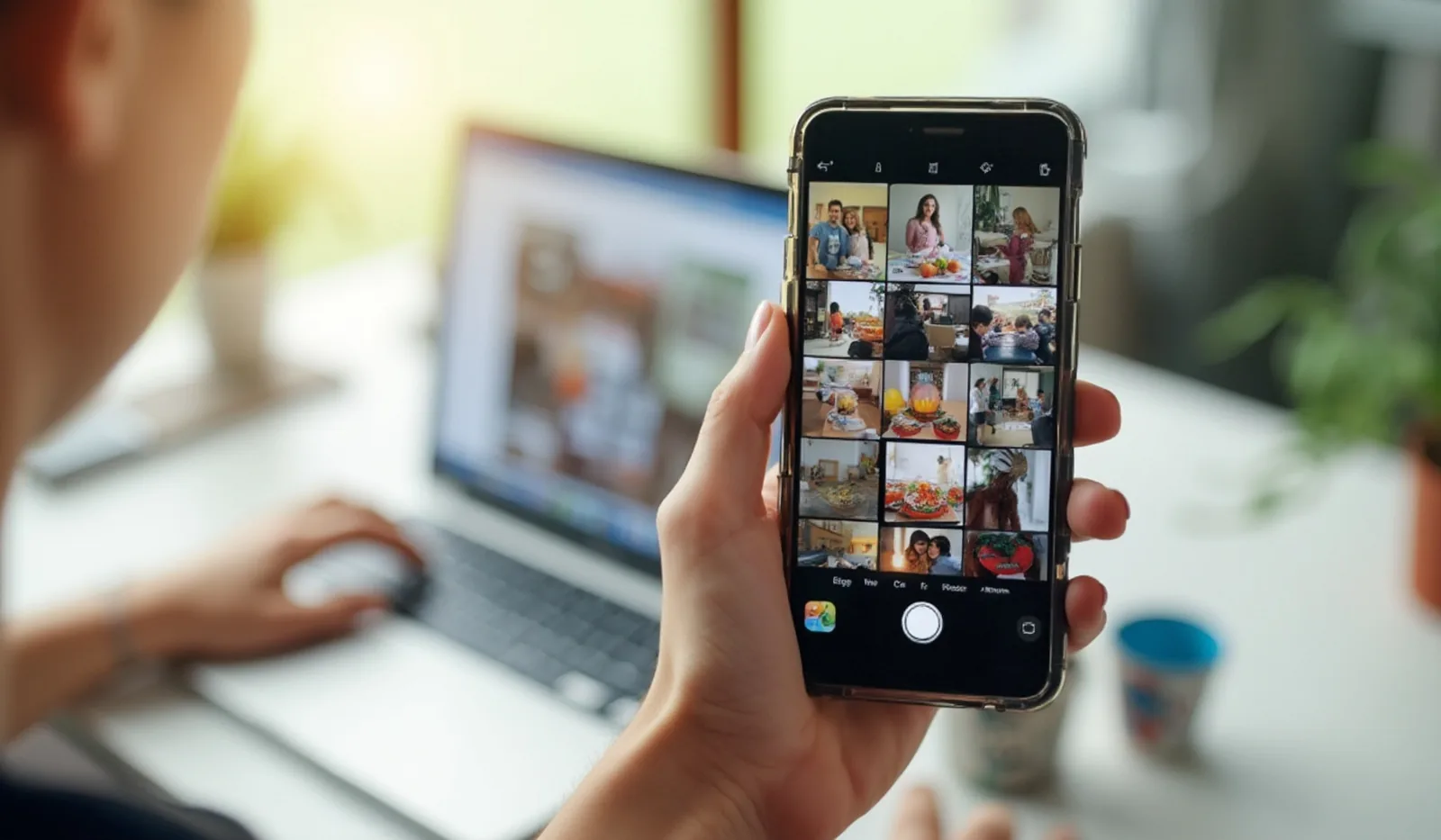 A hand holding a phone showing a full grid of colorful abstract photo thumbnails, with a laptop softly blurred behind it