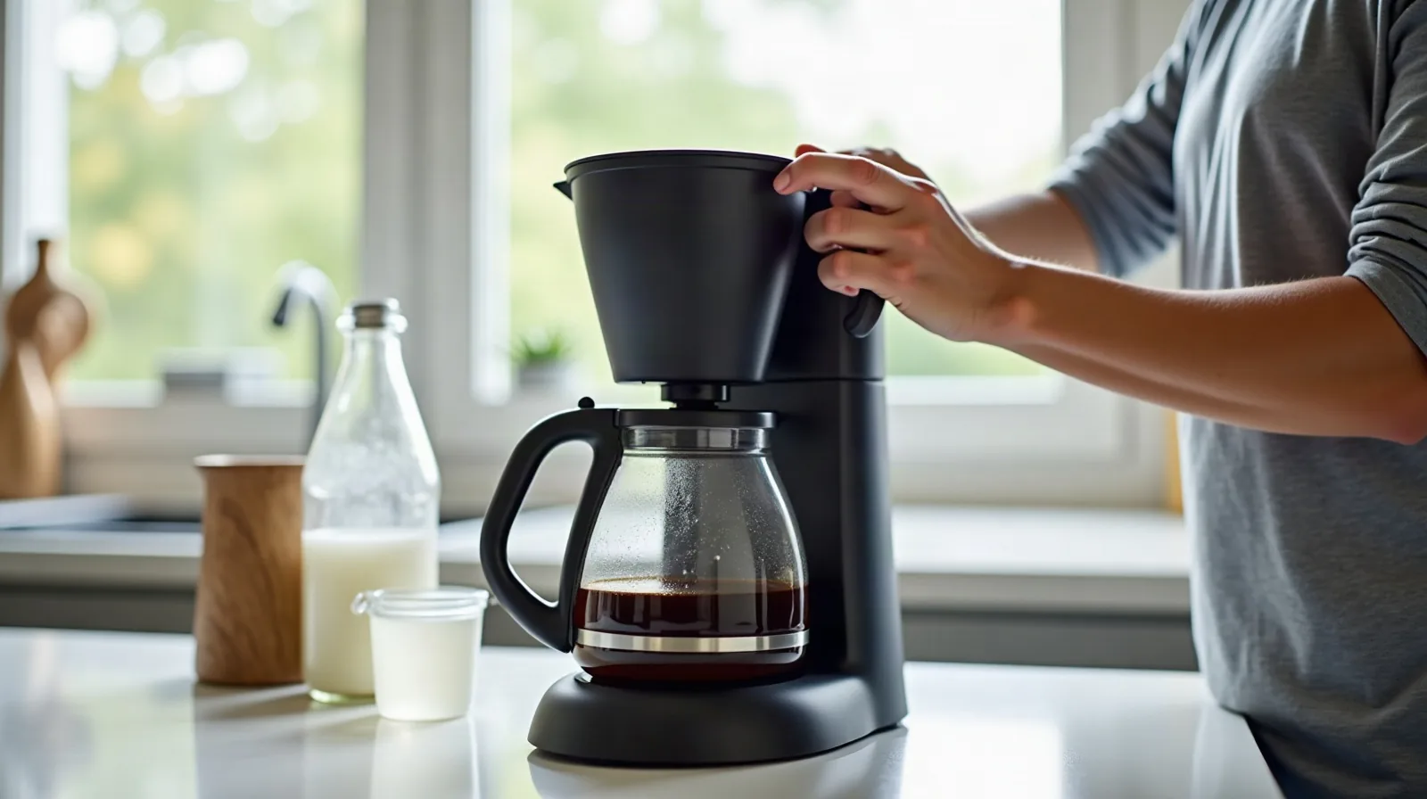 A person seen from behind at a bright kitchen counter by a window, pouring a jug of white vinegar solution into the water reservoir of a coffee maker, its drip basket and carafe set aside on a folded towel