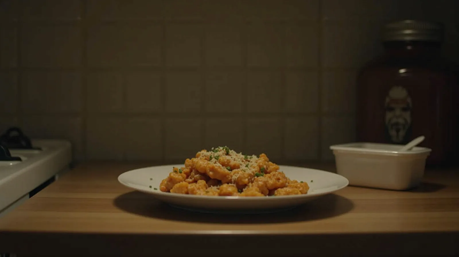 A home-cooked meal on a plate beside a takeout container on a kitchen counter