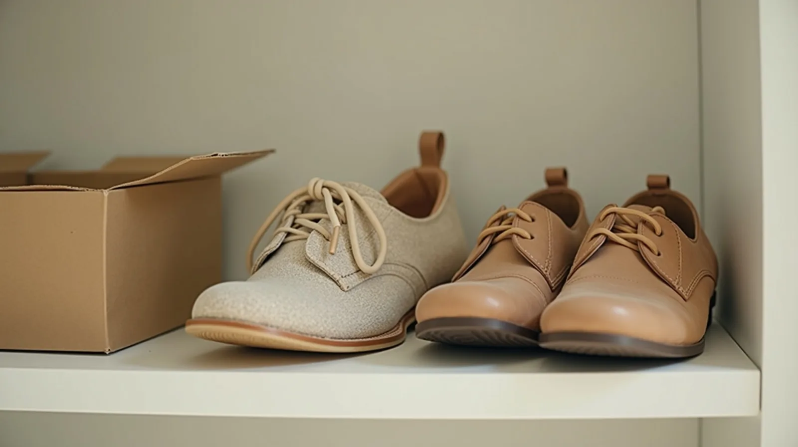 A well-worn pair of everyday shoes beside a barely-used gadget still in its box on a bright shelf
