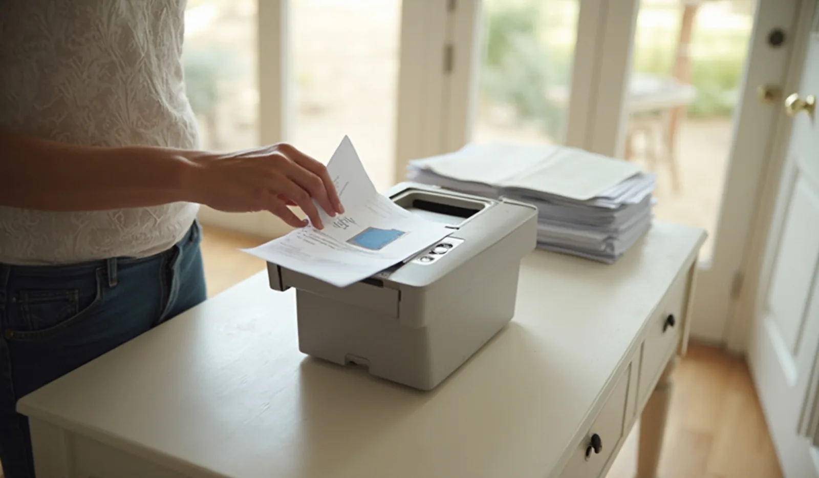 A hand feeding a paper envelope into a small desktop shredder on a bright entryway table, a stack of mail and a paper report nearby
