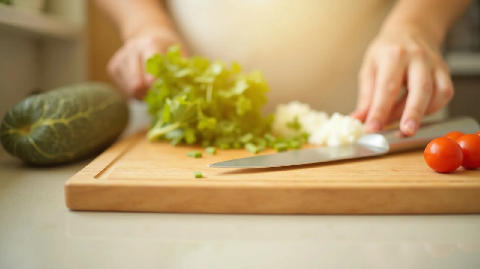 A close-up of a wood cutting board and a white plastic cutting board side by side on a bright kitchen counter with a knife and chopped vegetables