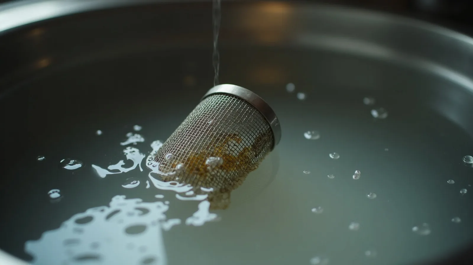 A close-up of a metal mesh range-hood filter soaking in a sink of soapy water