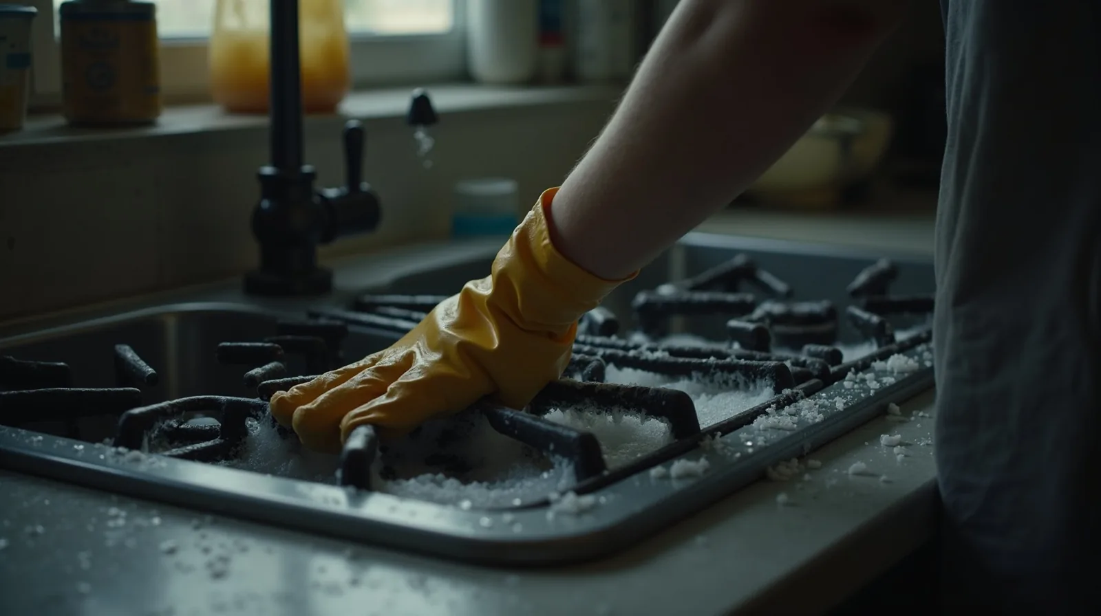 A gloved hand scrubbing a greasy stovetop grate in soapy water at the sink