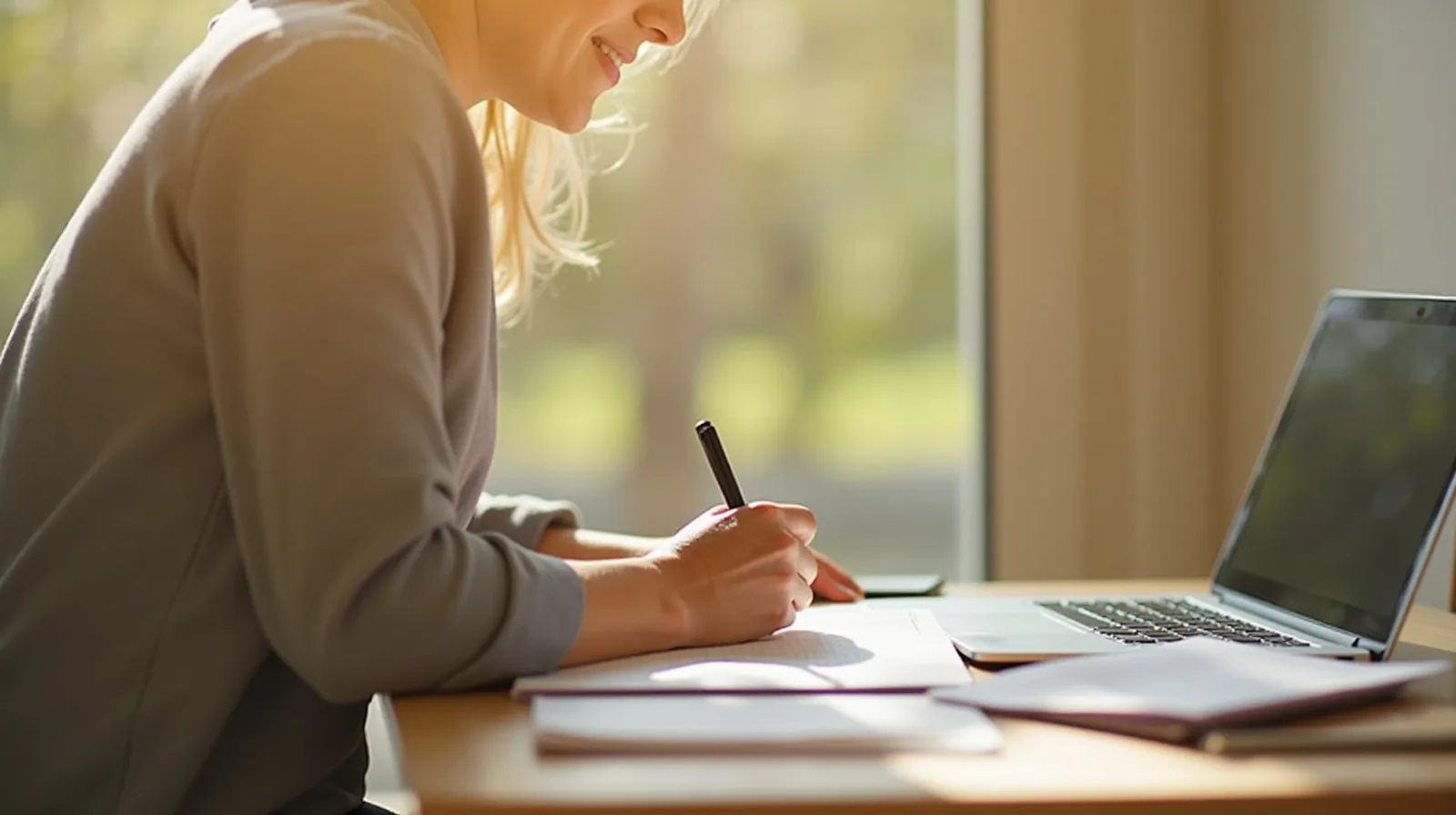A person in profile writing account details into a paper notebook at a bright table beside a closed laptop and a folder