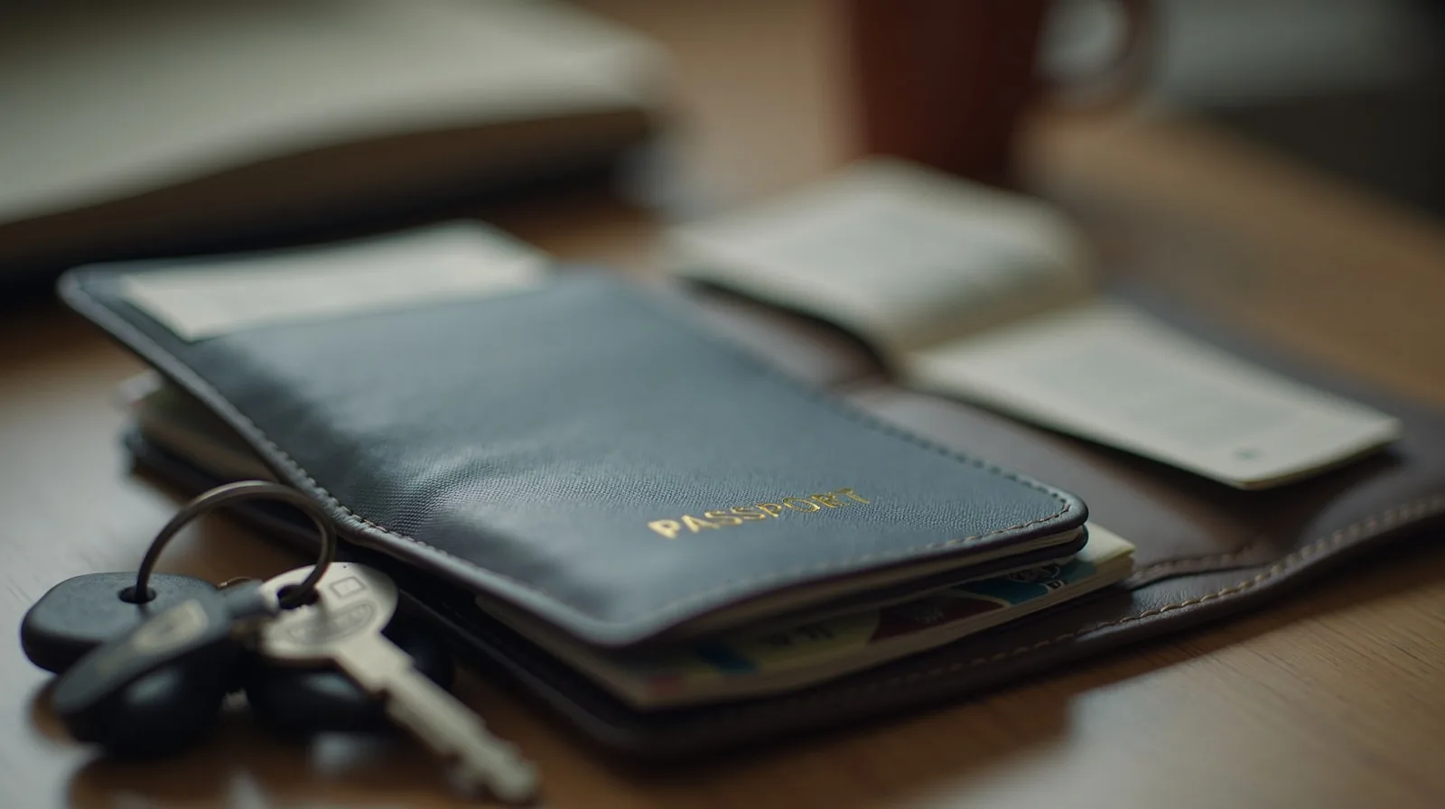 A close-up of a travel wallet holding a passport and folded boarding passes on a table