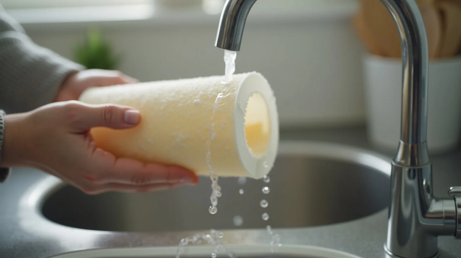 A close-up of a dishwasher filter being rinsed under a running tap